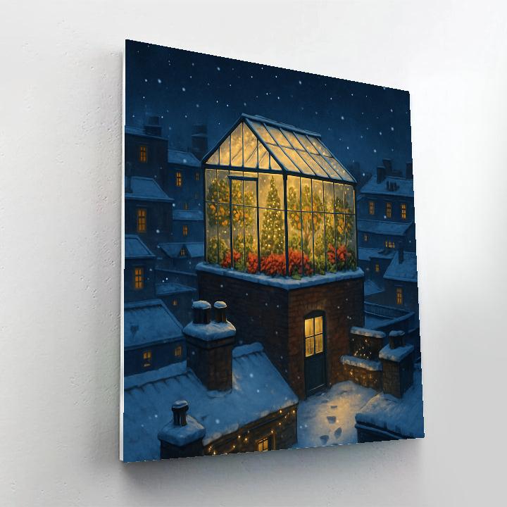Christmas Rooftop Greenhouse Under Falling Snow Numbered painting kits