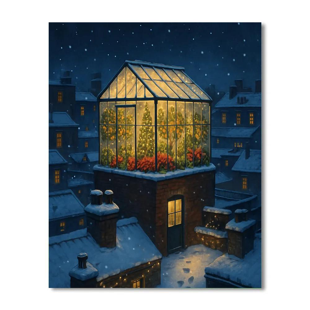 Christmas Rooftop Greenhouse Under Falling Snow Numbered painting kits