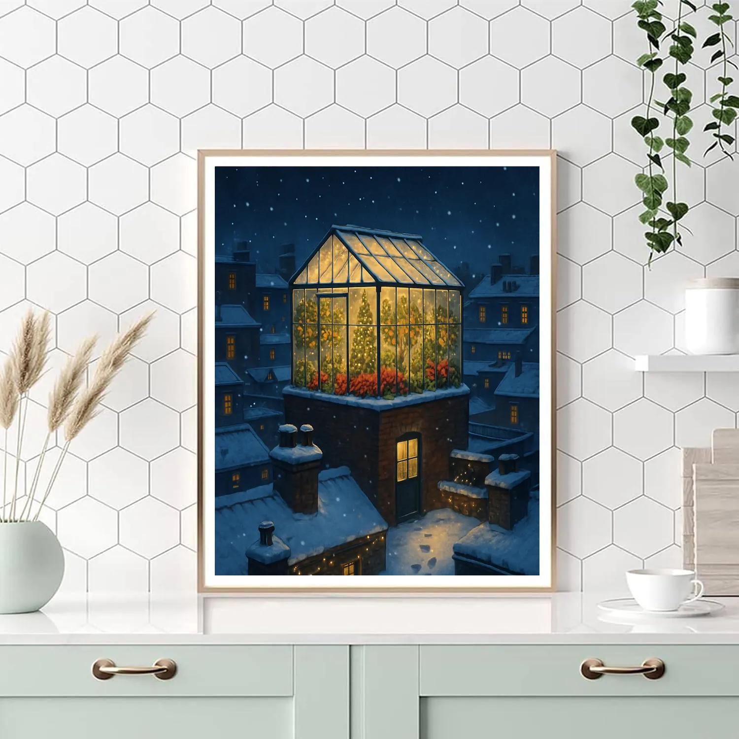Christmas Rooftop Greenhouse Under Falling Snow Numbered painting kits