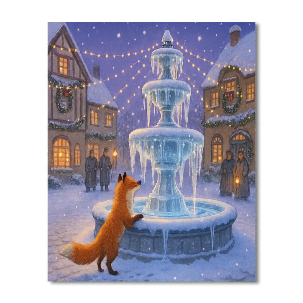 Christmas Fox At The Frozen Fountain Plaza paint by color