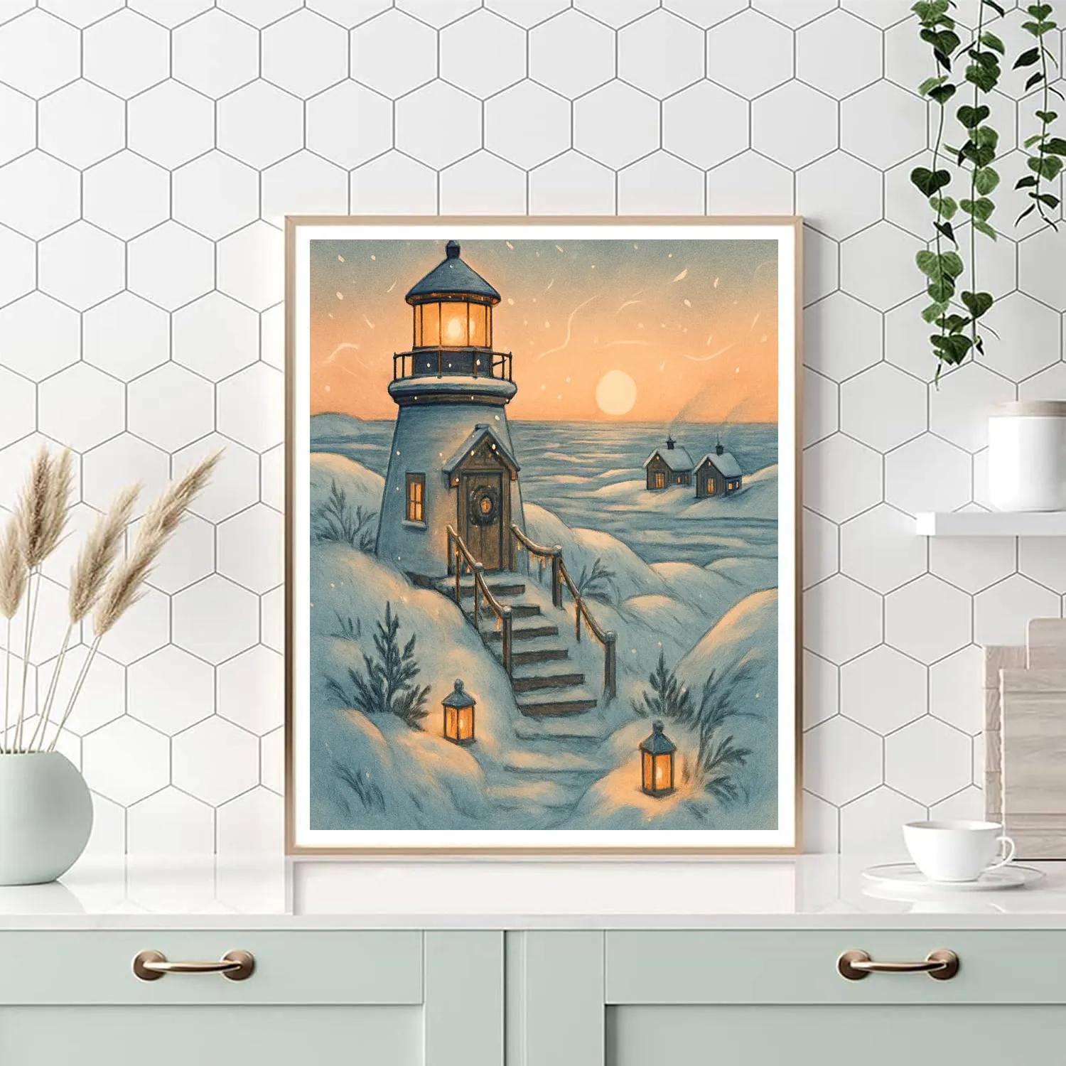Christmas Lighthouse Cabin In The Snow Dunes Numbered painting kits