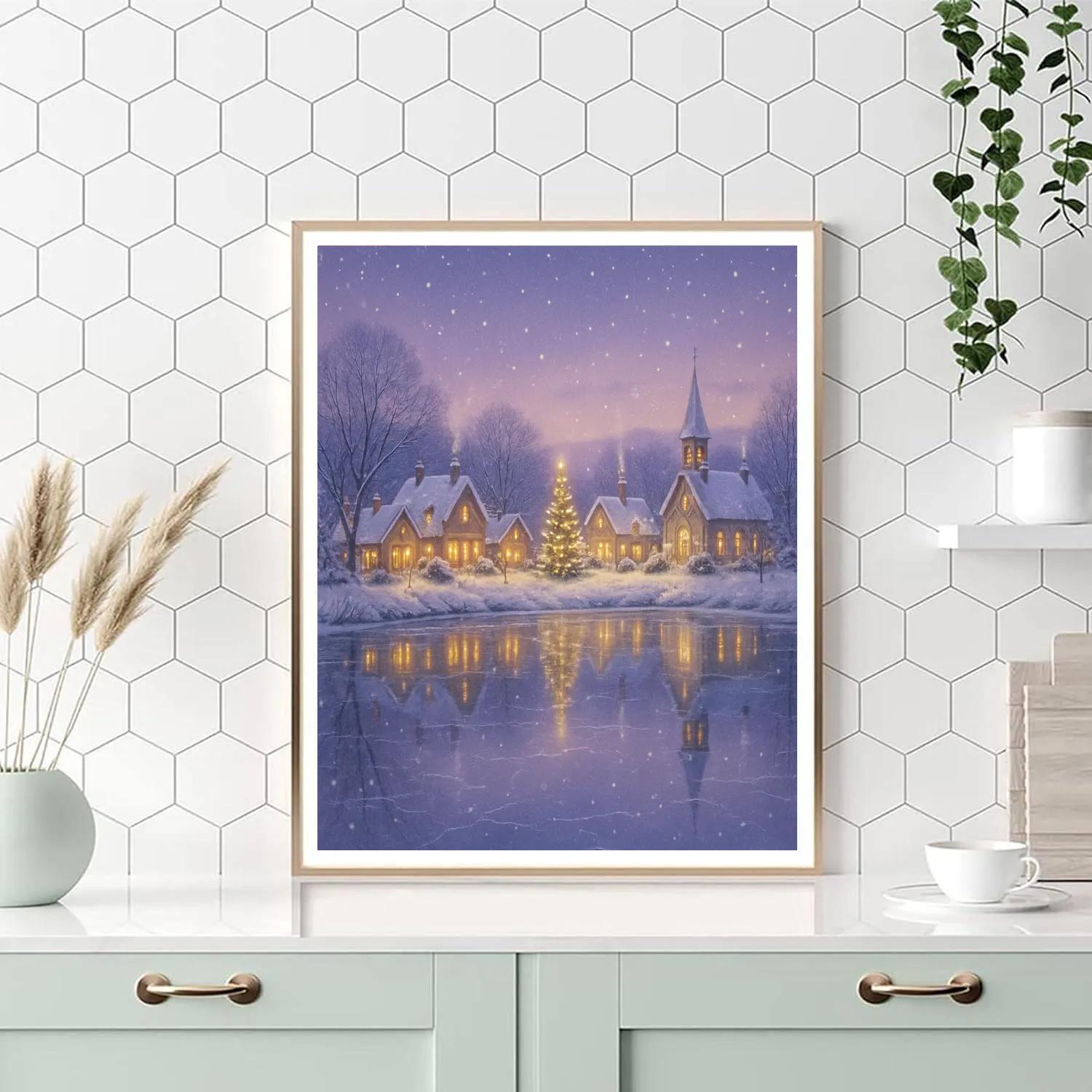 Christmas Village Reflected In The Frozen River Paint by numbers art