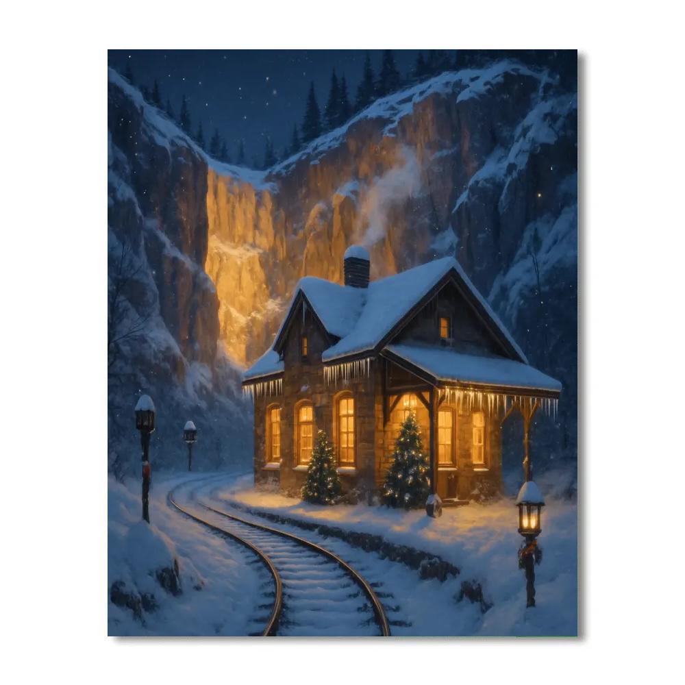 Christmas Train Station In The Snowy Quarry paint by numbers