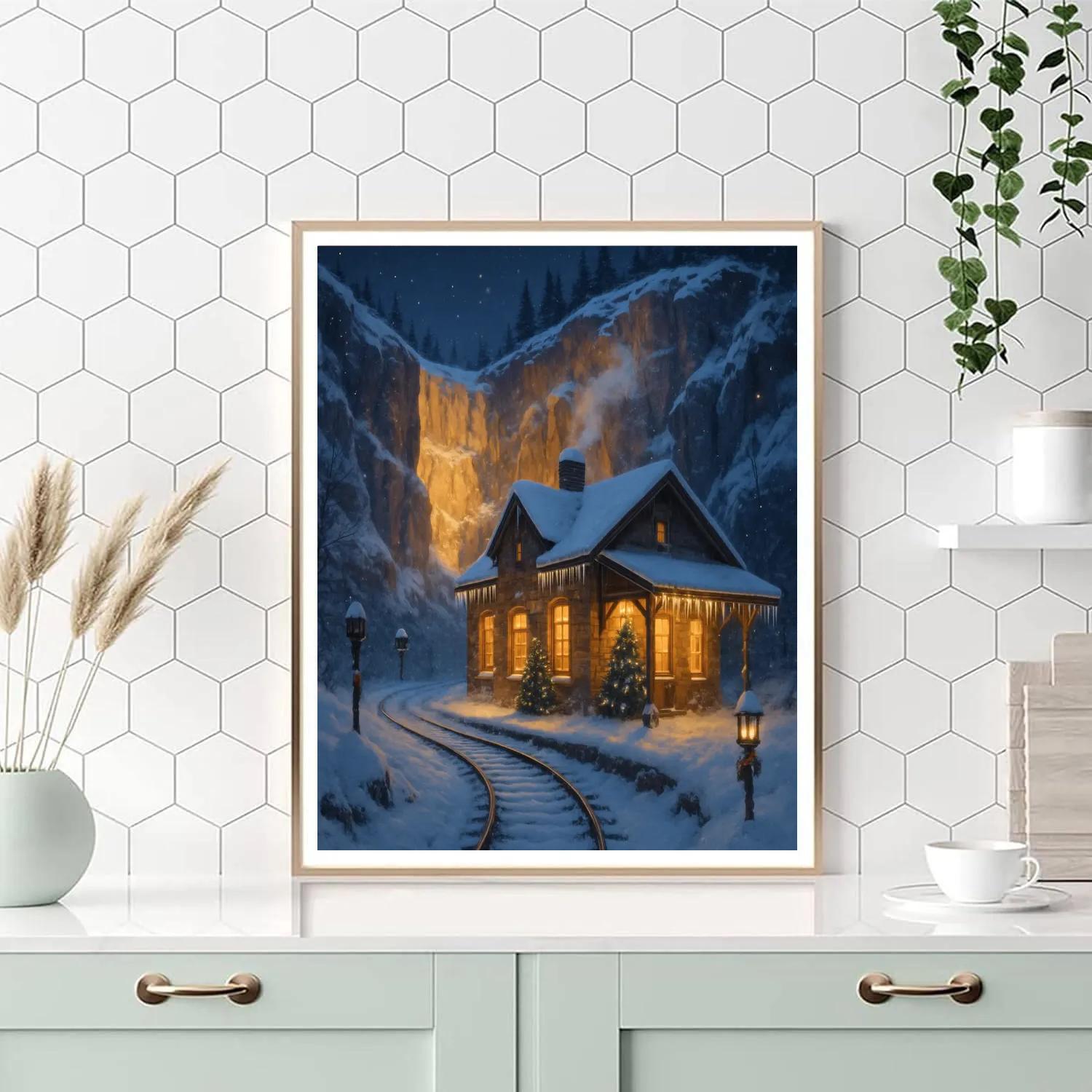 Christmas Train Station In The Snowy Quarry paint by numbers