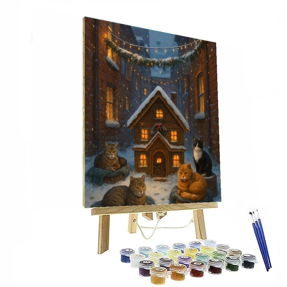 Christmas Cat Lodge In The Snowy Alley Painting by numbers kit