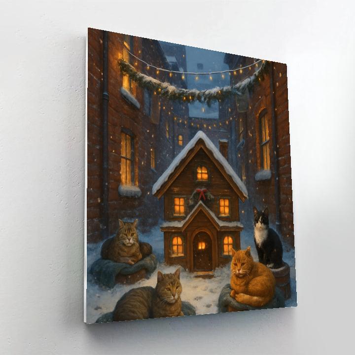 Christmas Cat Lodge In The Snowy Alley Painting by numbers kit