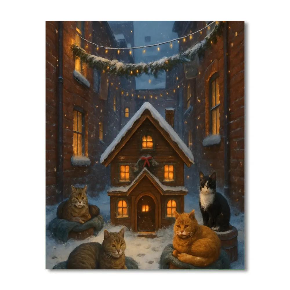 Christmas Cat Lodge In The Snowy Alley Painting by numbers kit
