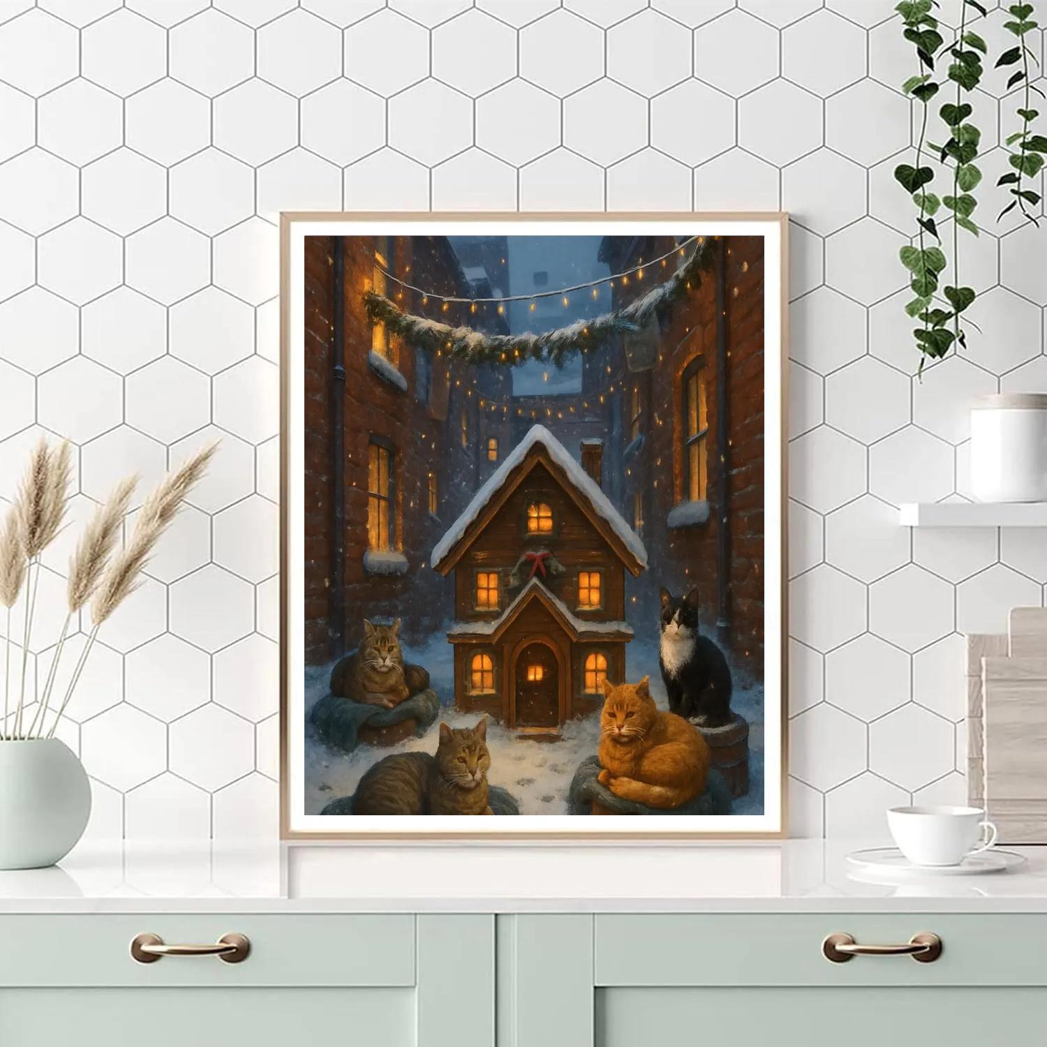 Christmas Cat Lodge In The Snowy Alley Painting by numbers kit