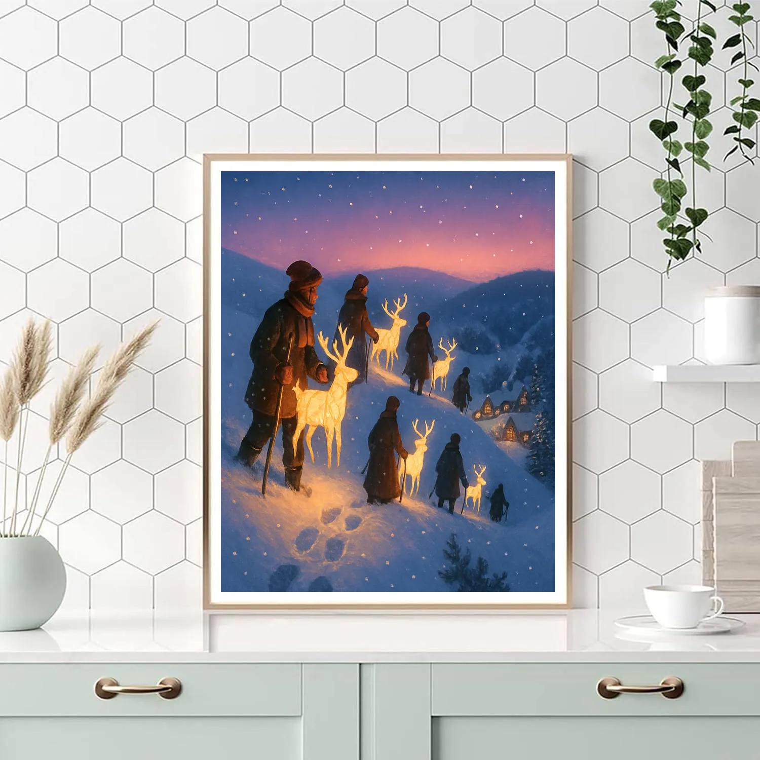 Christmas Reindeer Lantern Procession On The Ridge Painting by numbers kit