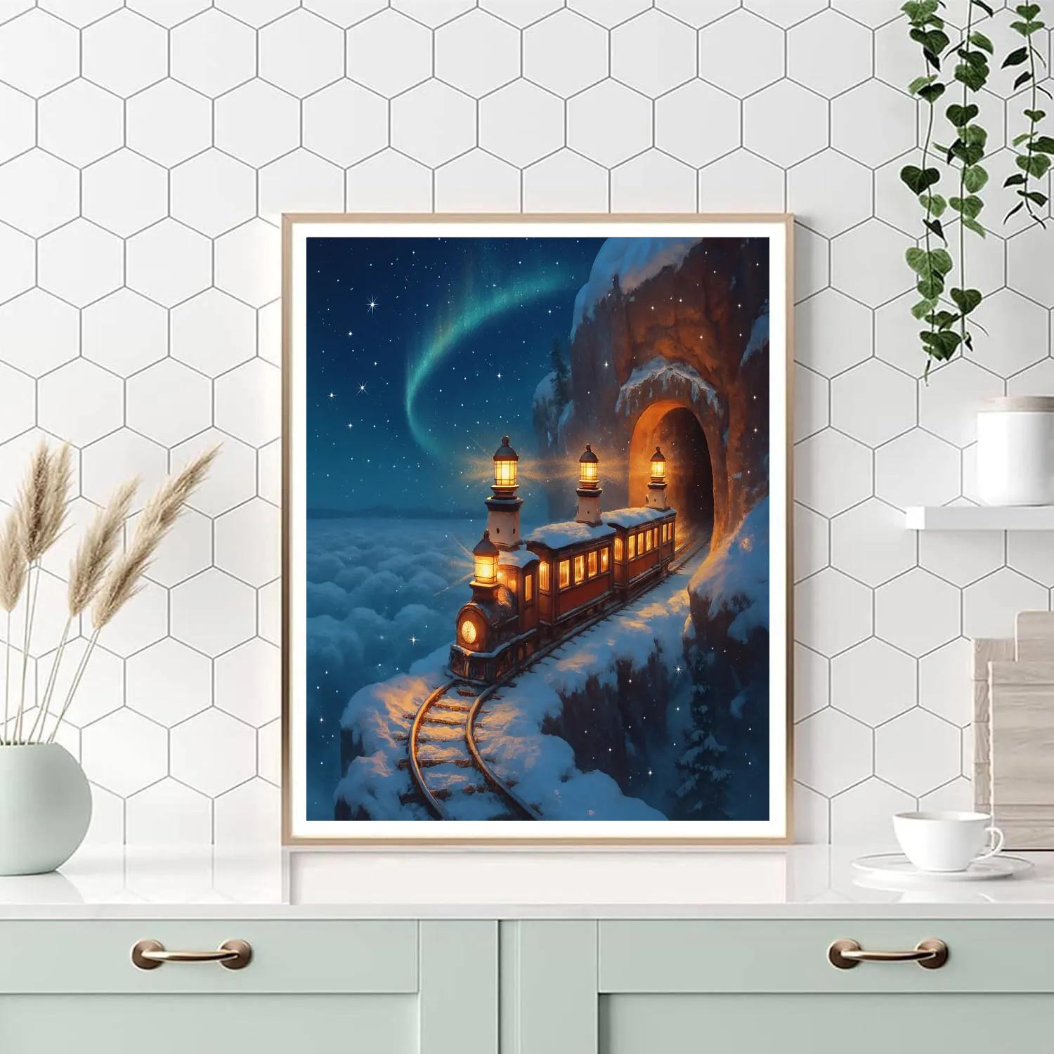 Christmas Lighthouse Train Above The Sea Of Clouds paint by color