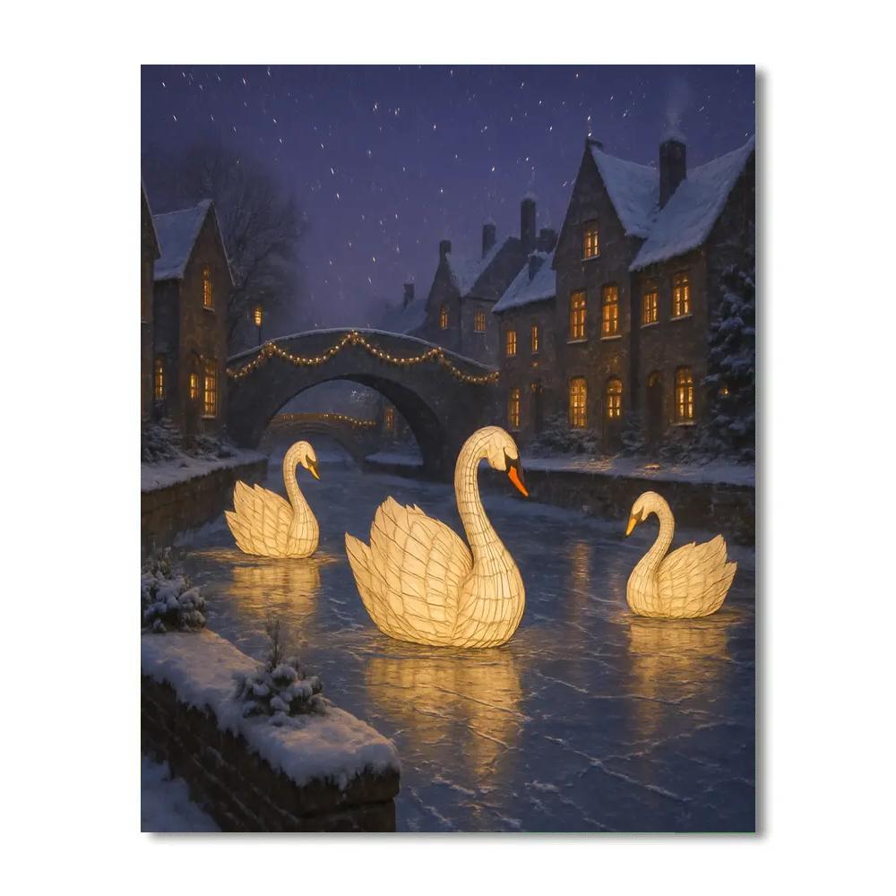 Christmas Lantern Swans On The Frozen Canal DIY paint by numbers