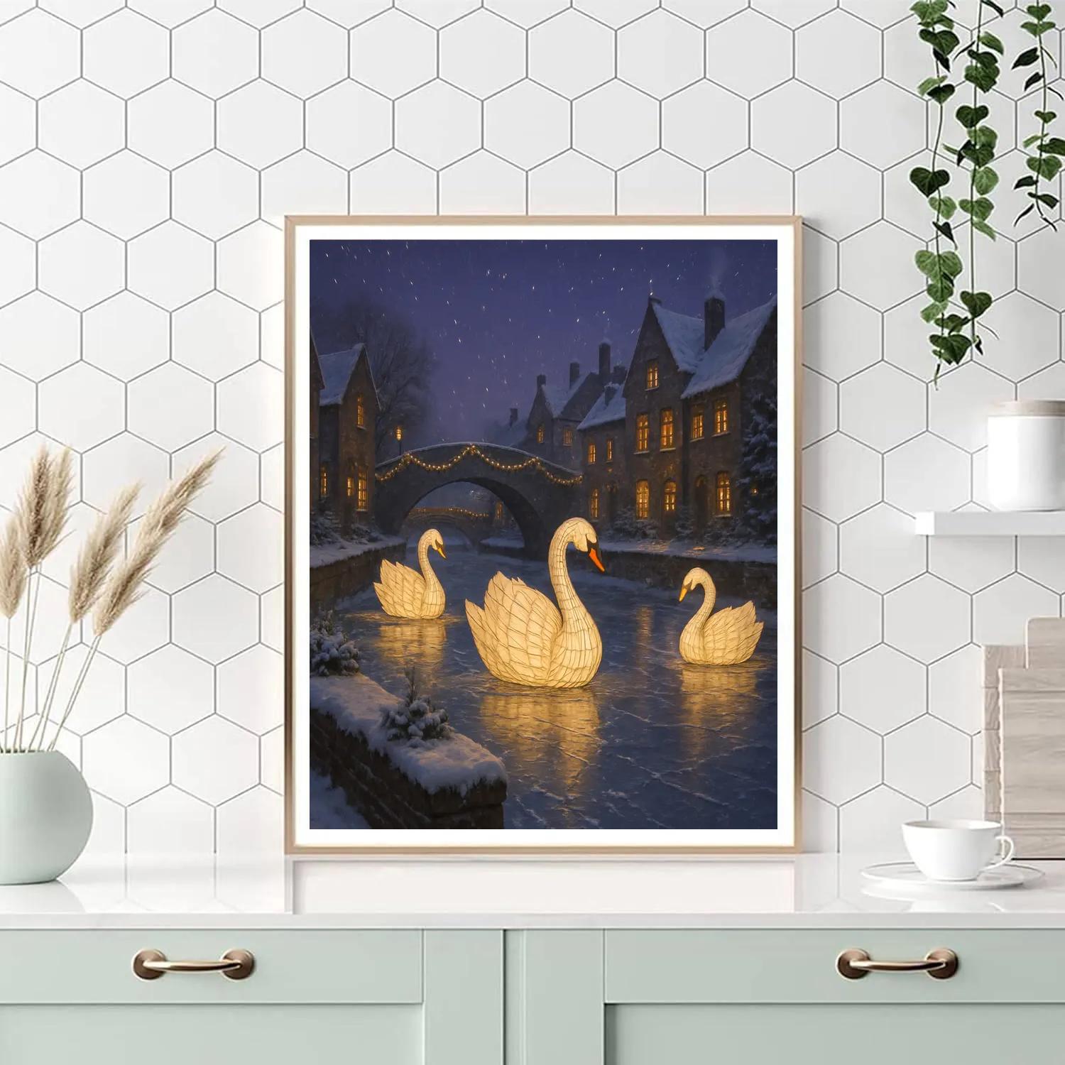 Christmas Lantern Swans On The Frozen Canal DIY paint by numbers