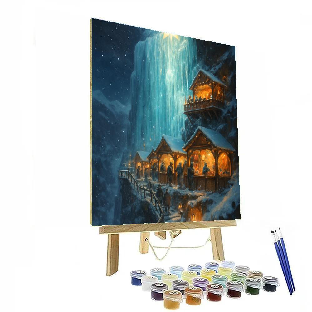 Christmas Night Market On The Frozen Waterfall paint by color