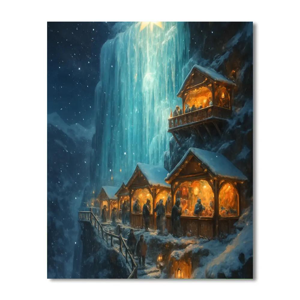 Christmas Night Market On The Frozen Waterfall paint by color