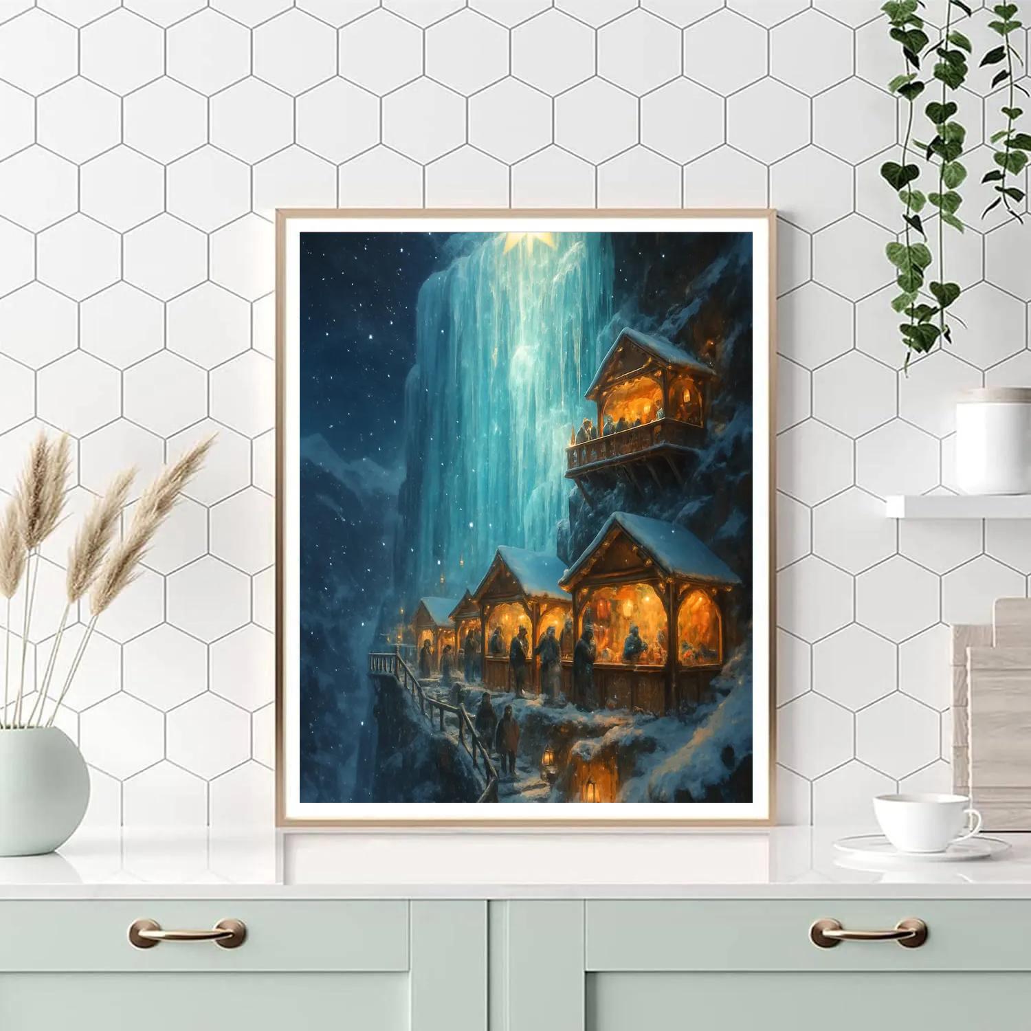 Christmas Night Market On The Frozen Waterfall paint by color