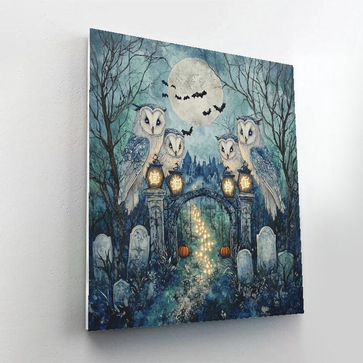 Moonlit Owls With Spooky Lantern Scripts Paint by numbers art