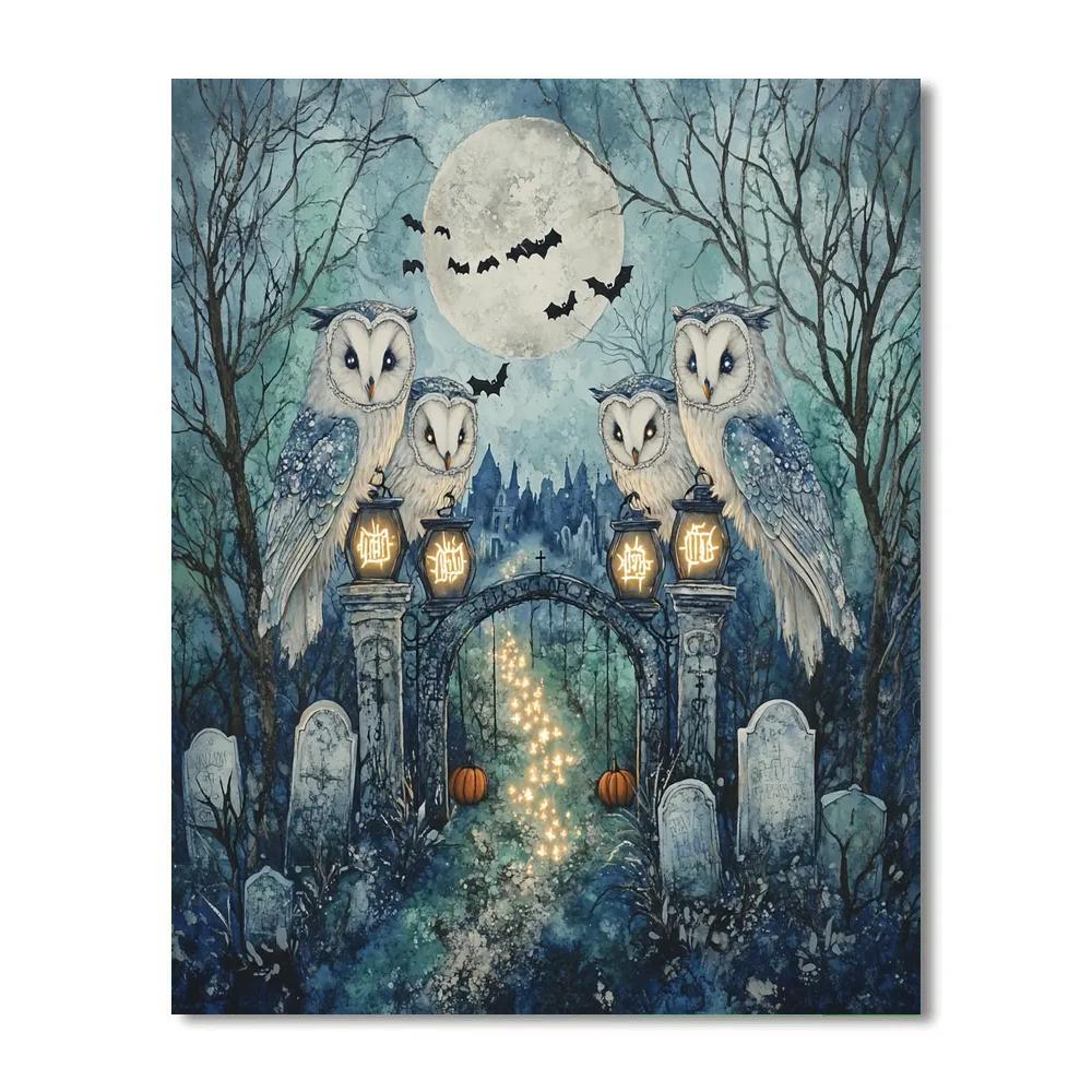 Moonlit Owls With Spooky Lantern Scripts Paint by numbers art