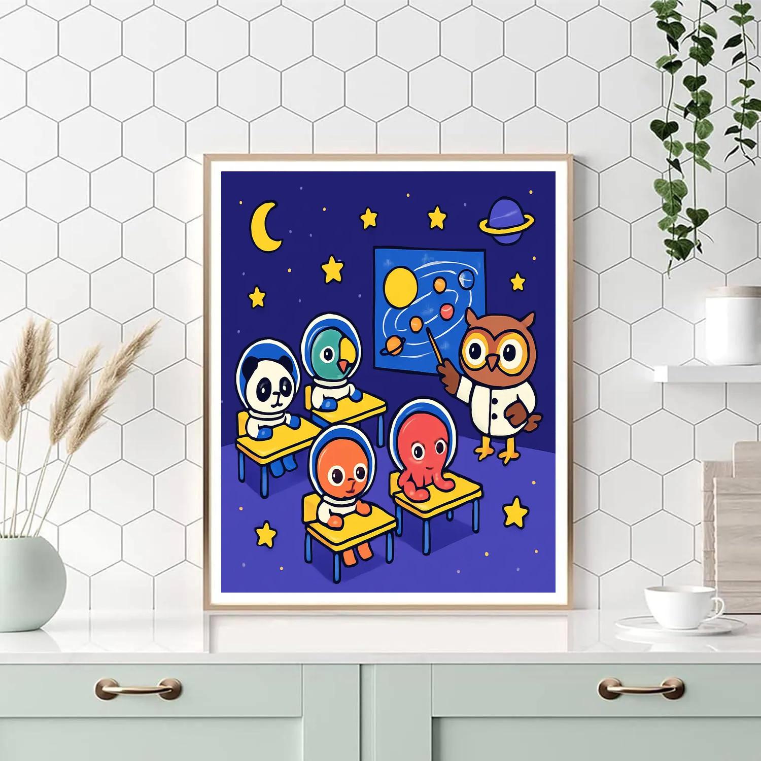 Galaxy Classroom With Space Animal Students Numbered painting kits