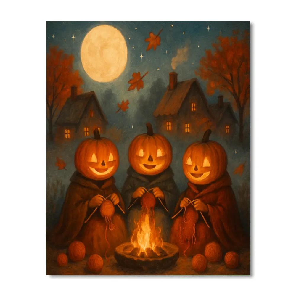 Moonlit Pumpkin Knitting Circle DIY paint by numbers