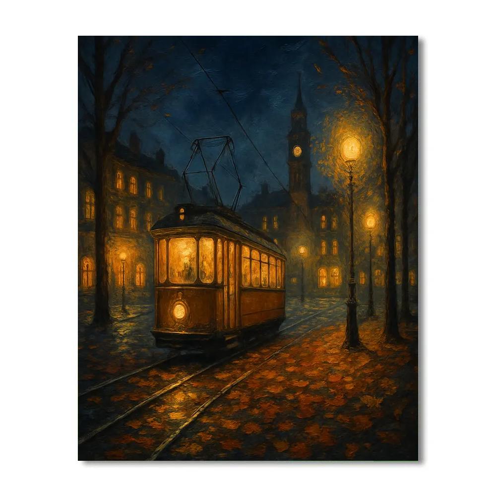 Midnight Tram Through The Autumn Square painting number kit