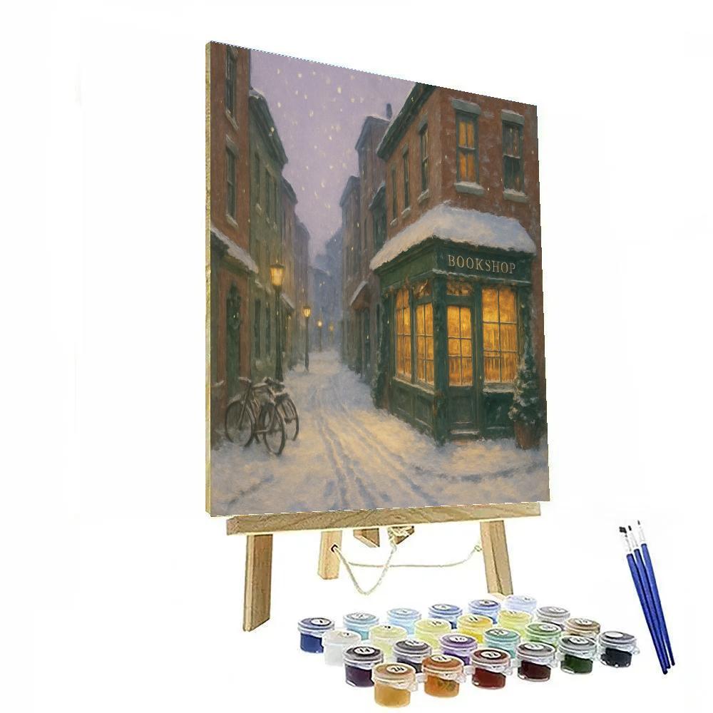 Snowy Bookshop Lane At Winter Dusk paint by number