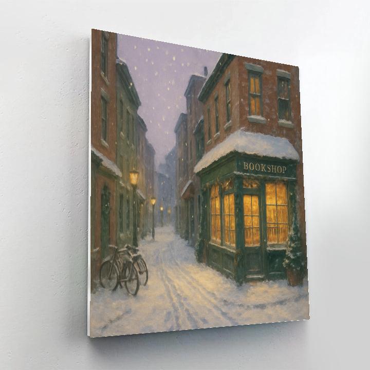 Snowy Bookshop Lane At Winter Dusk paint by number