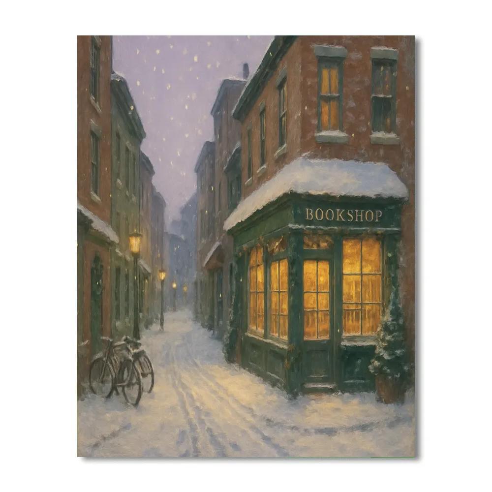 Snowy Bookshop Lane At Winter Dusk paint by number