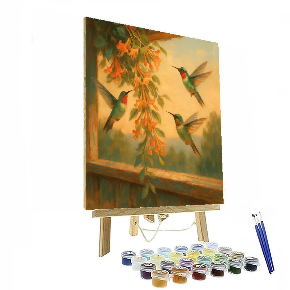 Hummingbirds At Golden Honeysuckle Numbered painting kits