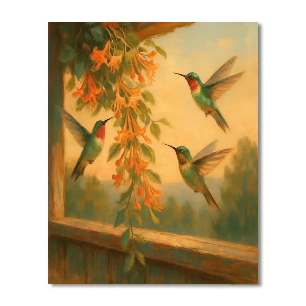 Hummingbirds At Golden Honeysuckle Numbered painting kits