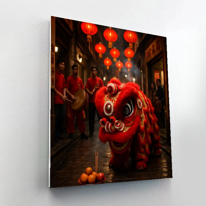 Lunar New Year Lion Dance In Hong Kong Alley Numbered painting kits