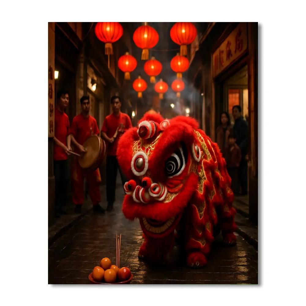 Lunar New Year Lion Dance In Hong Kong Alley Numbered painting kits