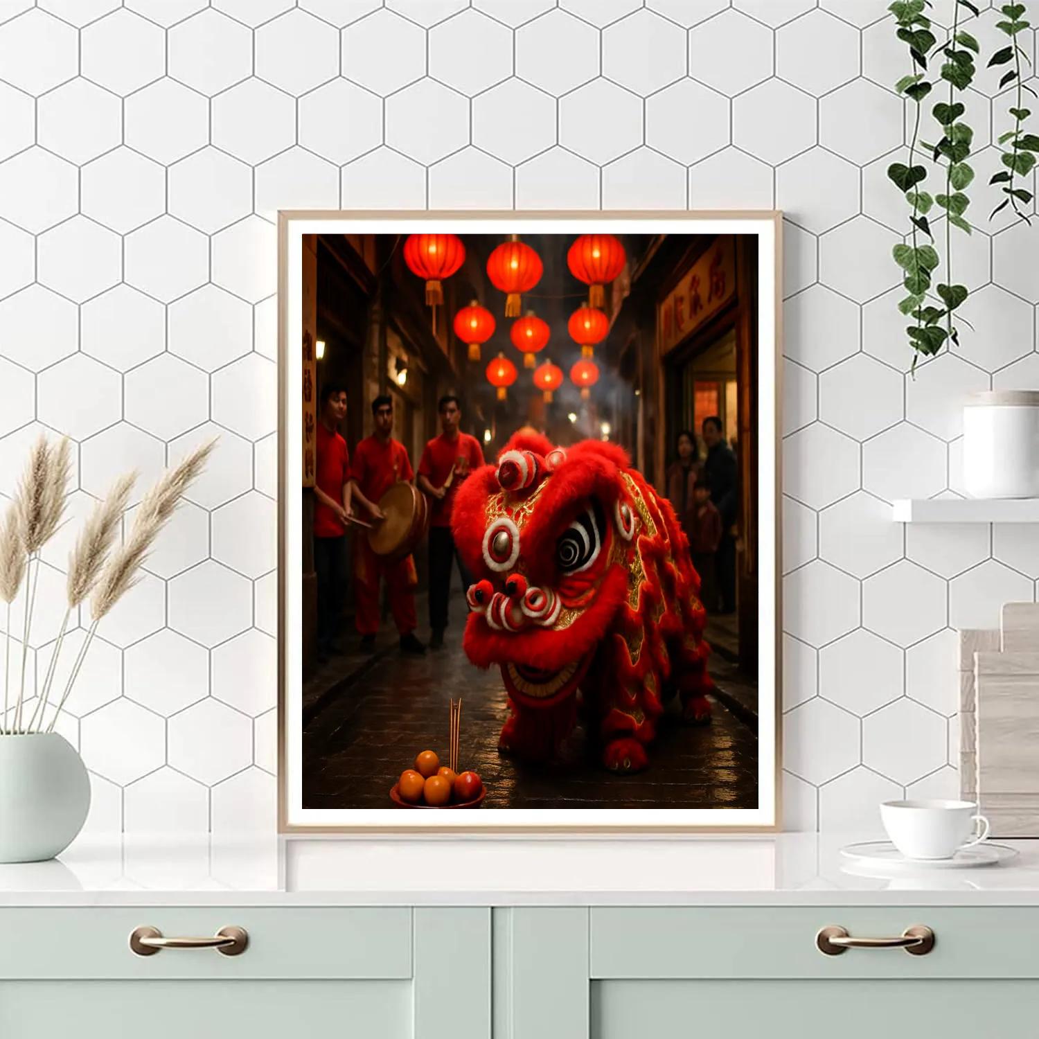 Lunar New Year Lion Dance In Hong Kong Alley Numbered painting kits
