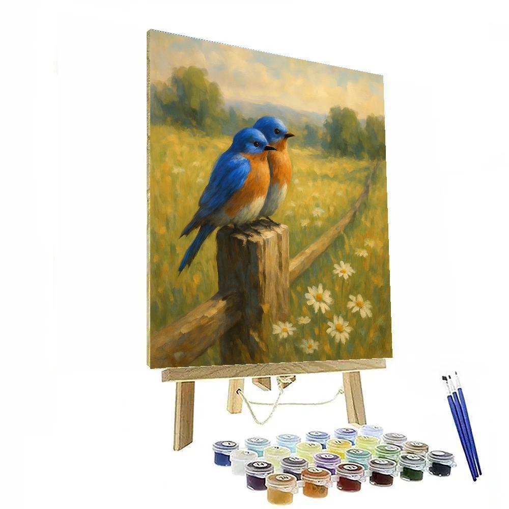 Bluebirds On Weathered Fence At Meadow Edge Numbered painting kits