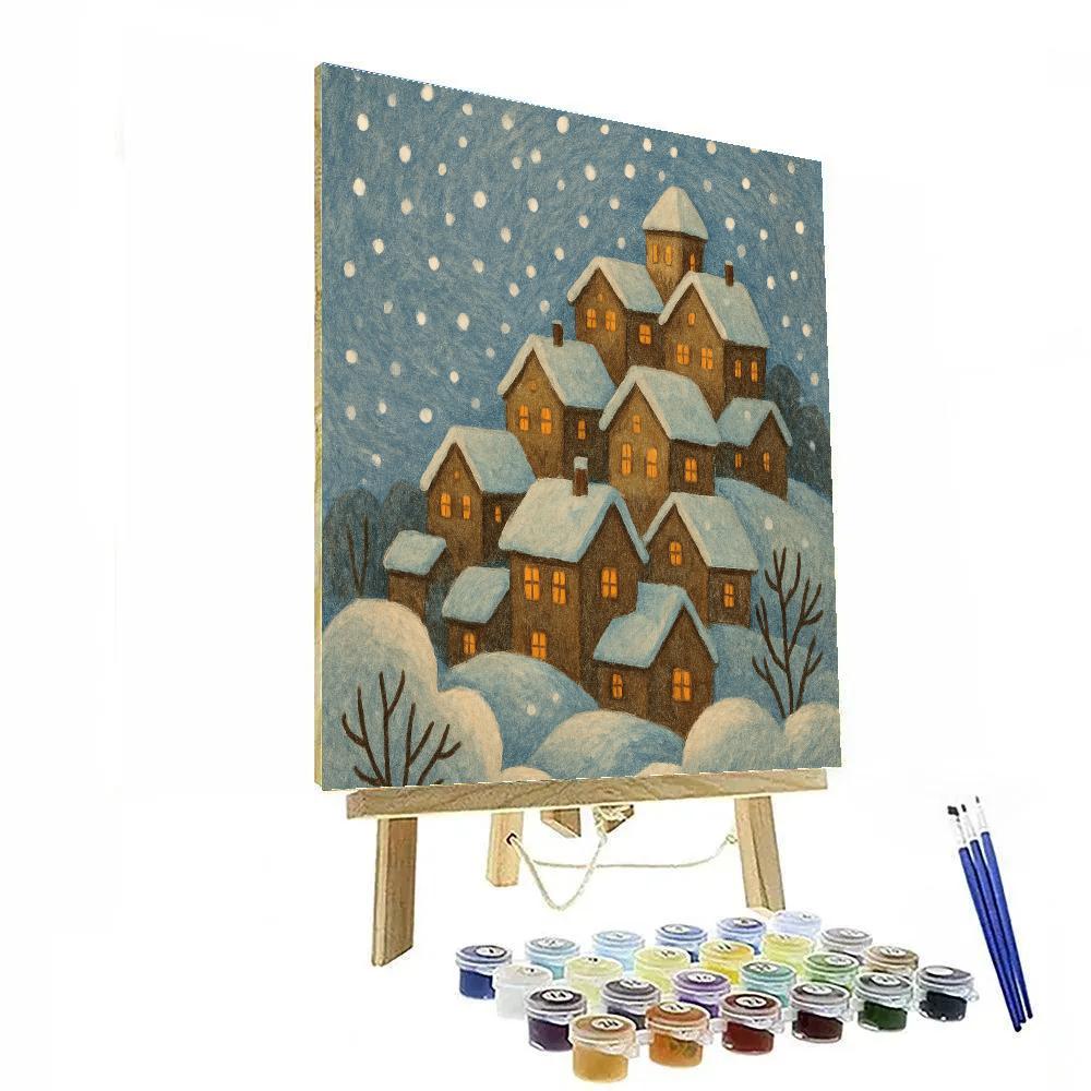 Snowfall Over Hilltop Village Lights Numbered painting kits