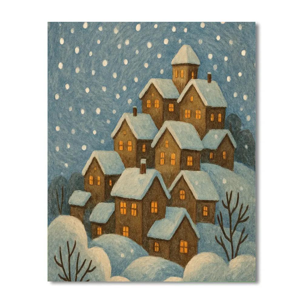 Snowfall Over Hilltop Village Lights Numbered painting kits