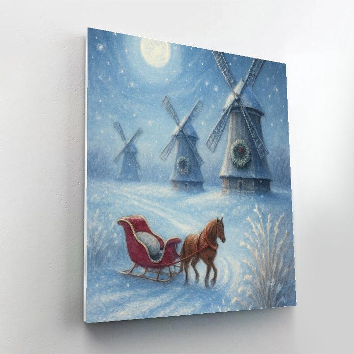 Moonlit Sleigh Over Windmill Fields Numbered painting kits