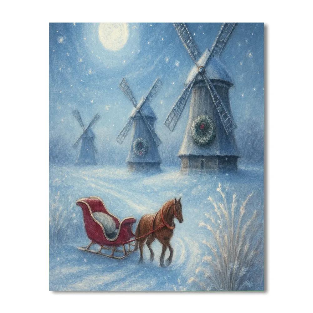 Moonlit Sleigh Over Windmill Fields Numbered painting kits