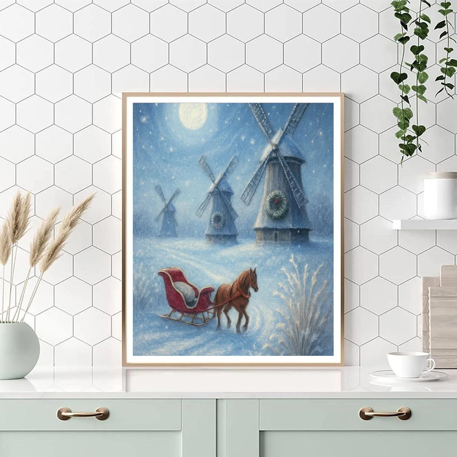 Moonlit Sleigh Over Windmill Fields Numbered painting kits