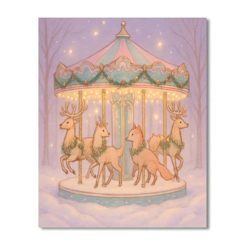 Snowy Carousel Of Woodland Creatures Number painting
