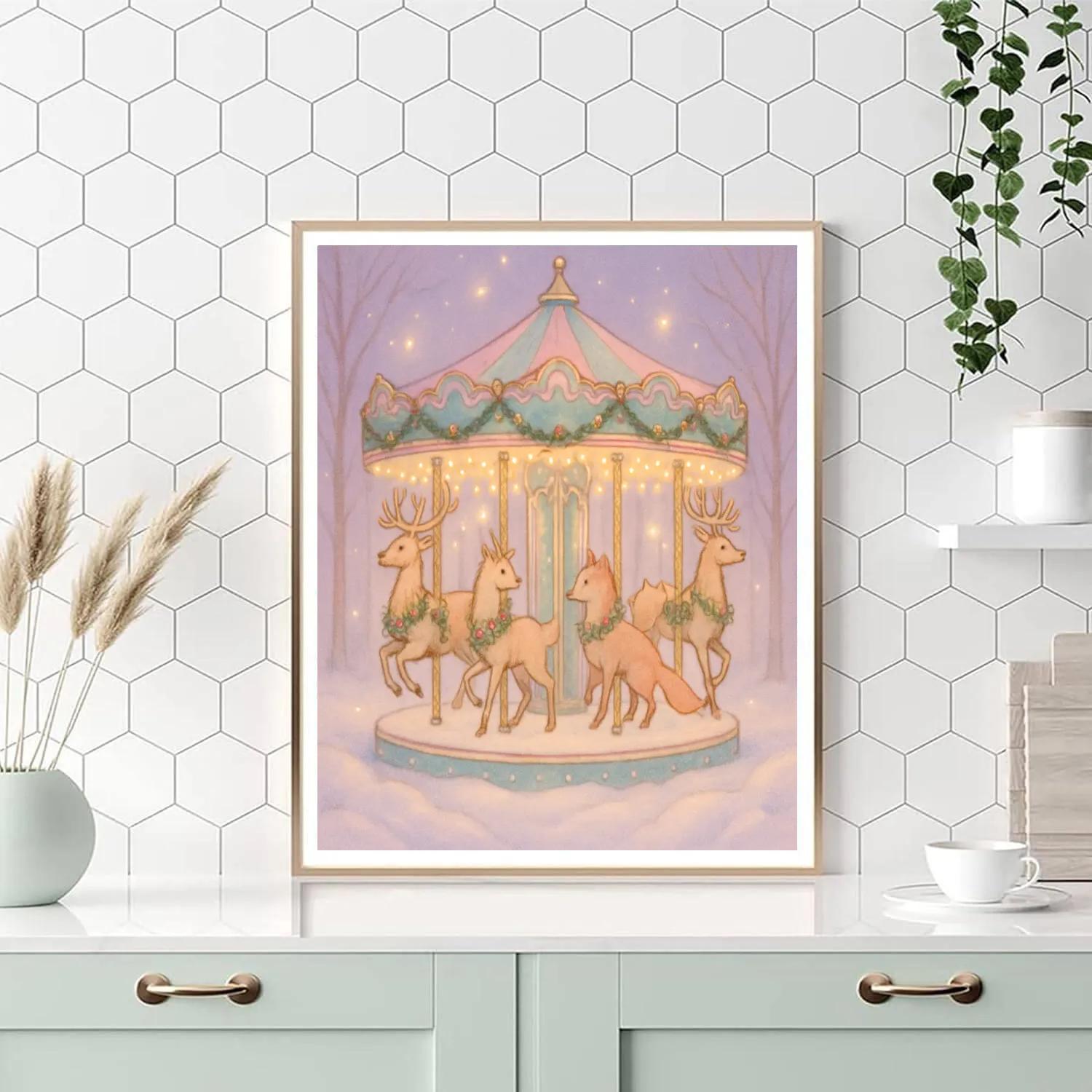 Snowy Carousel Of Woodland Creatures Number painting