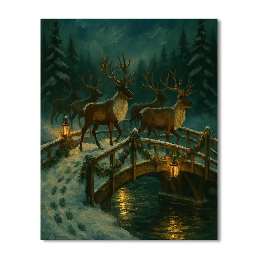 Reindeer Bridge Snow Crossing Paint by numbers art