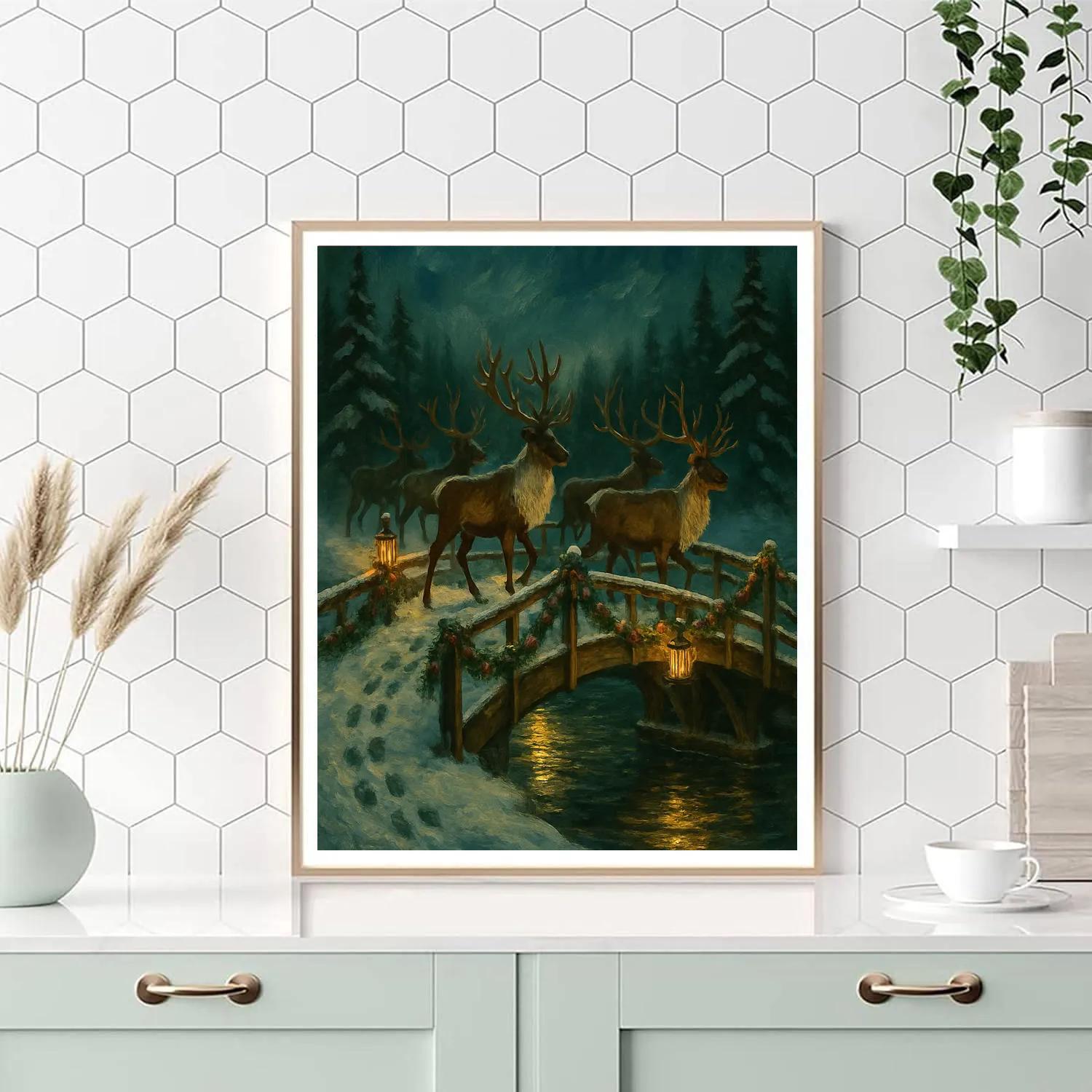 Reindeer Bridge Snow Crossing Paint by numbers art
