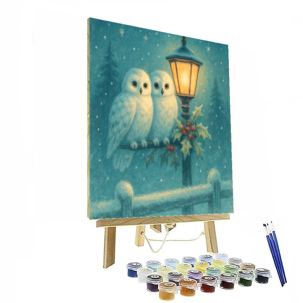 Snow Owls At The Lantern Post Painting by numbers kit