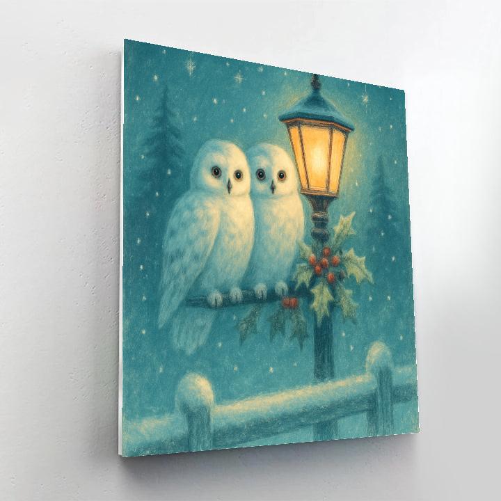 Snow Owls At The Lantern Post Painting by numbers kit