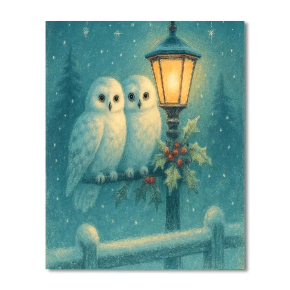 Snow Owls At The Lantern Post Painting by numbers kit