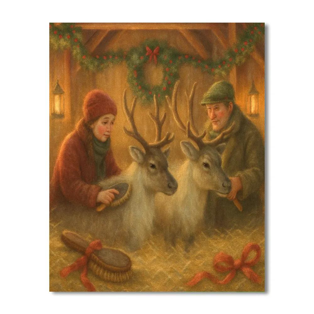 Candlelit Reindeer Barn Grooming Number painting