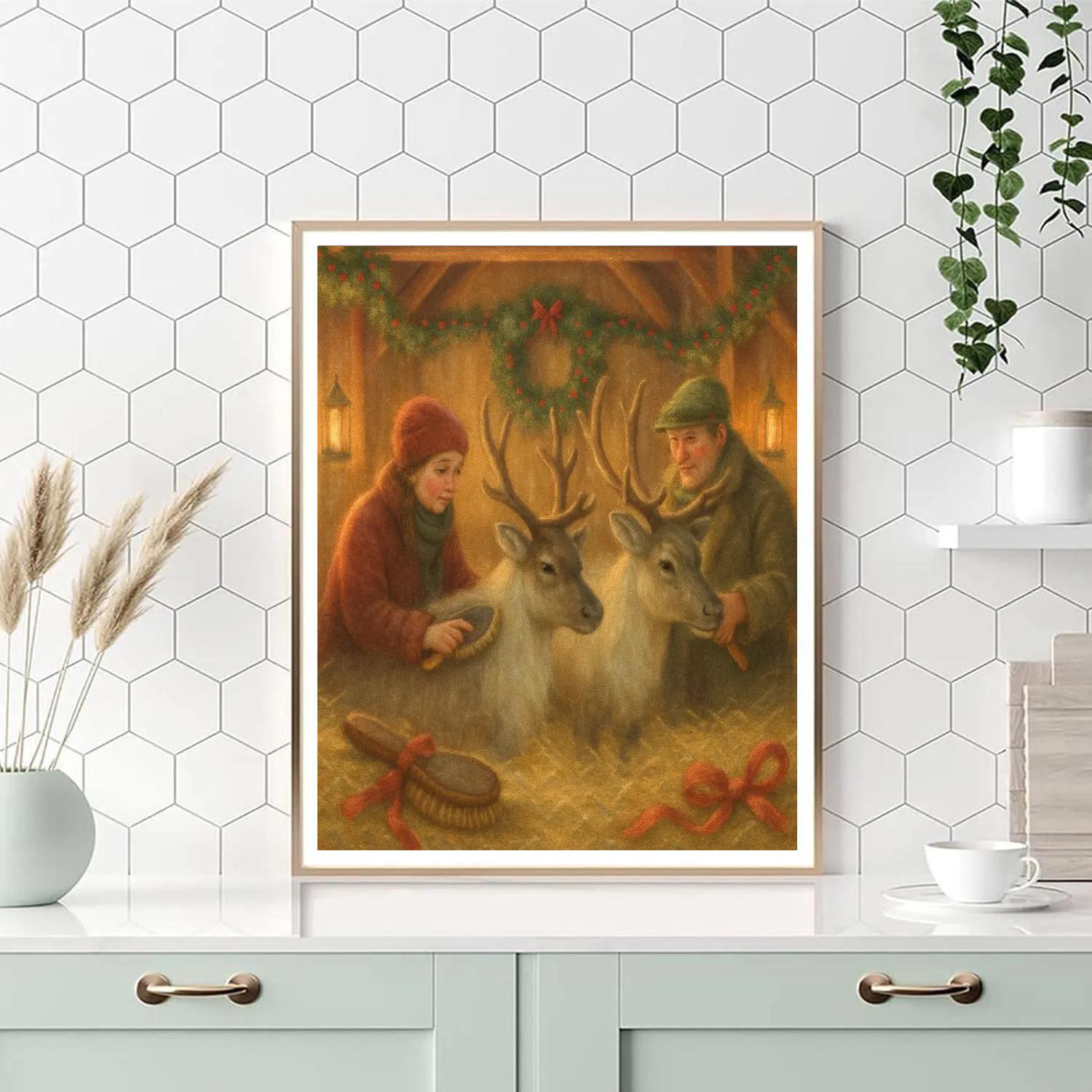 Candlelit Reindeer Barn Grooming Number painting