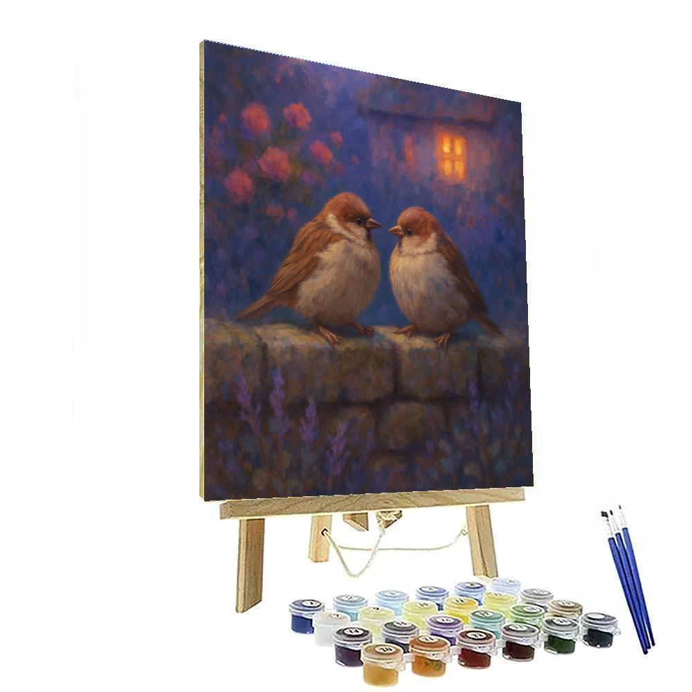 Twilight Sparrows By The Garden Wall Paint by numbers art