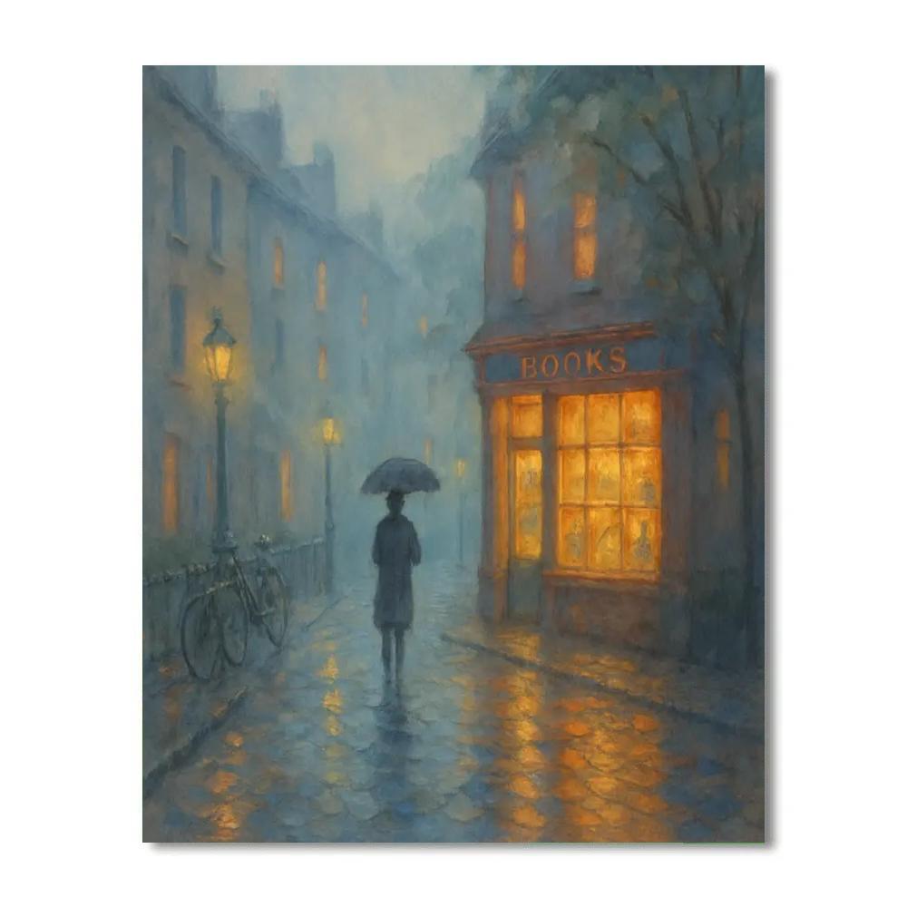 Rainlit Corner Bookshop Lane Paint by numbers kits