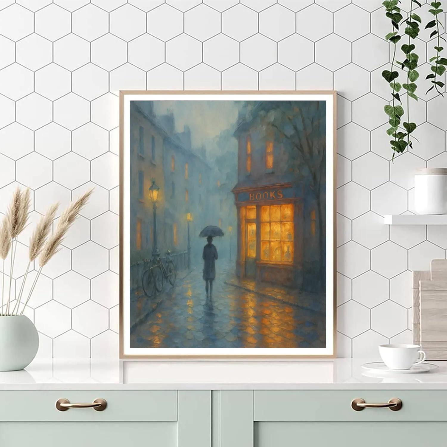 Rainlit Corner Bookshop Lane Paint by numbers kits